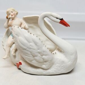 Vtg Ceramic Swan Planter With Baby Cherub Playing Instrument FIRM PRICE